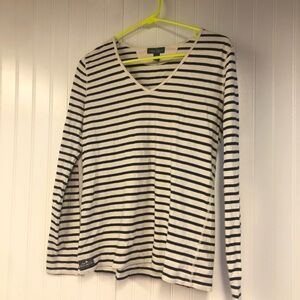 Ralph Lauren Striped V-Neck Long Sleeve Top Navy White Medium